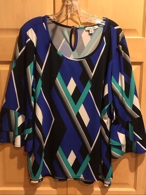 Studio Works Blue and Teal Geometric Scoop-Neck Blouse